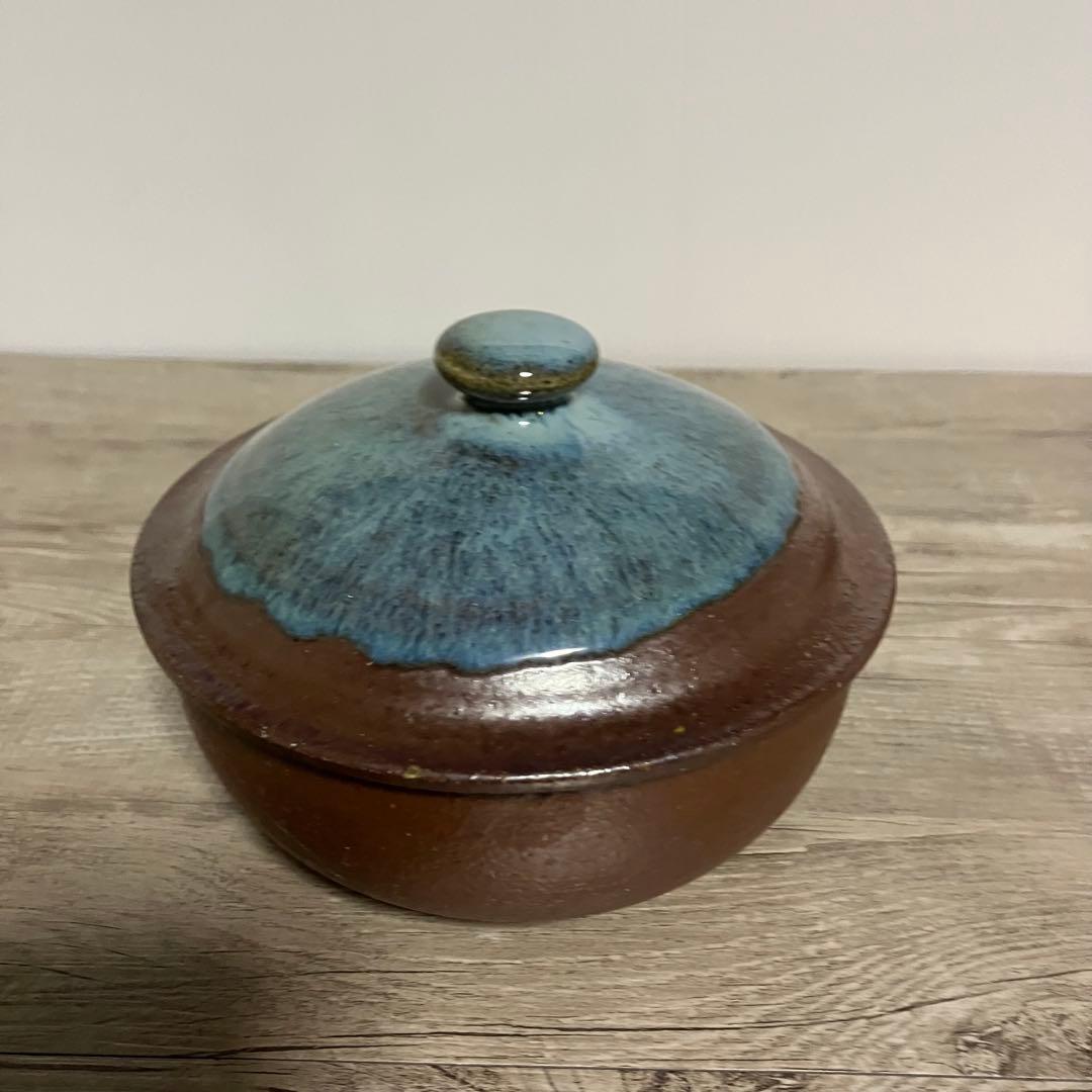 D-4 【趣のある一品】和食器 蓋付き 菓子器 菓子鉢 釉薬 瑠璃色/茶 陶器