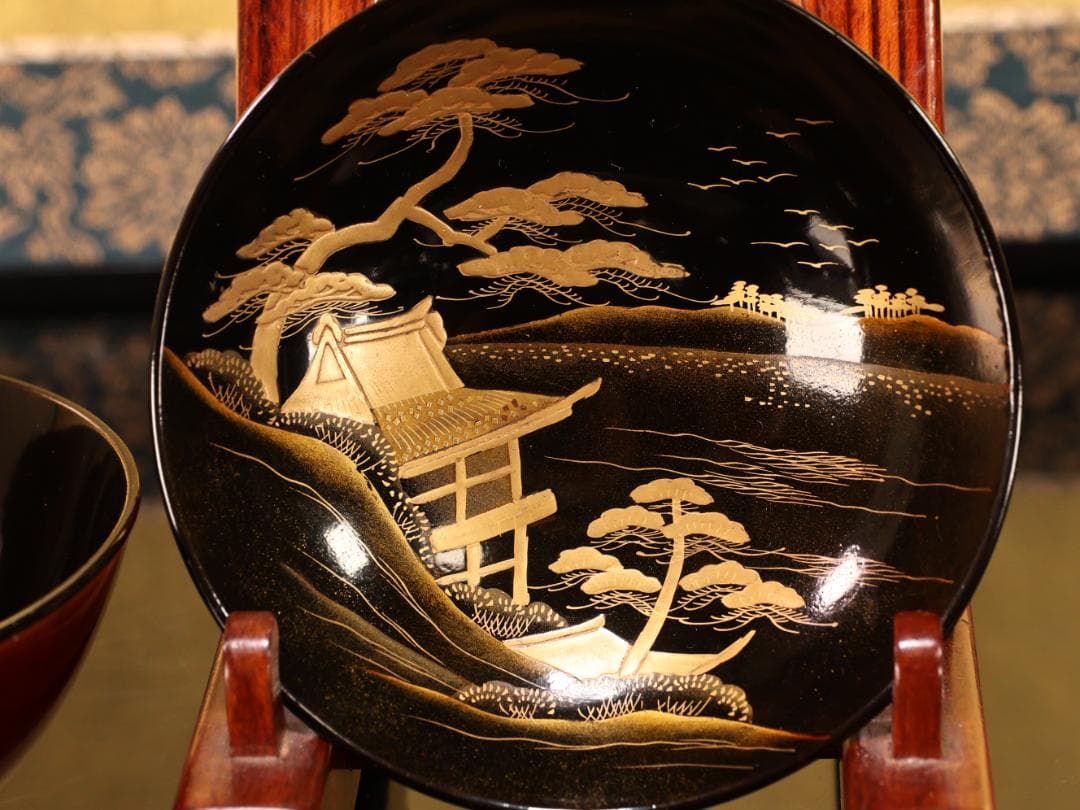 BK529　時代輪島塗　日本名所蒔絵　槻木地溜塗　吸物椀　絵違い　拾客　欅　共箱