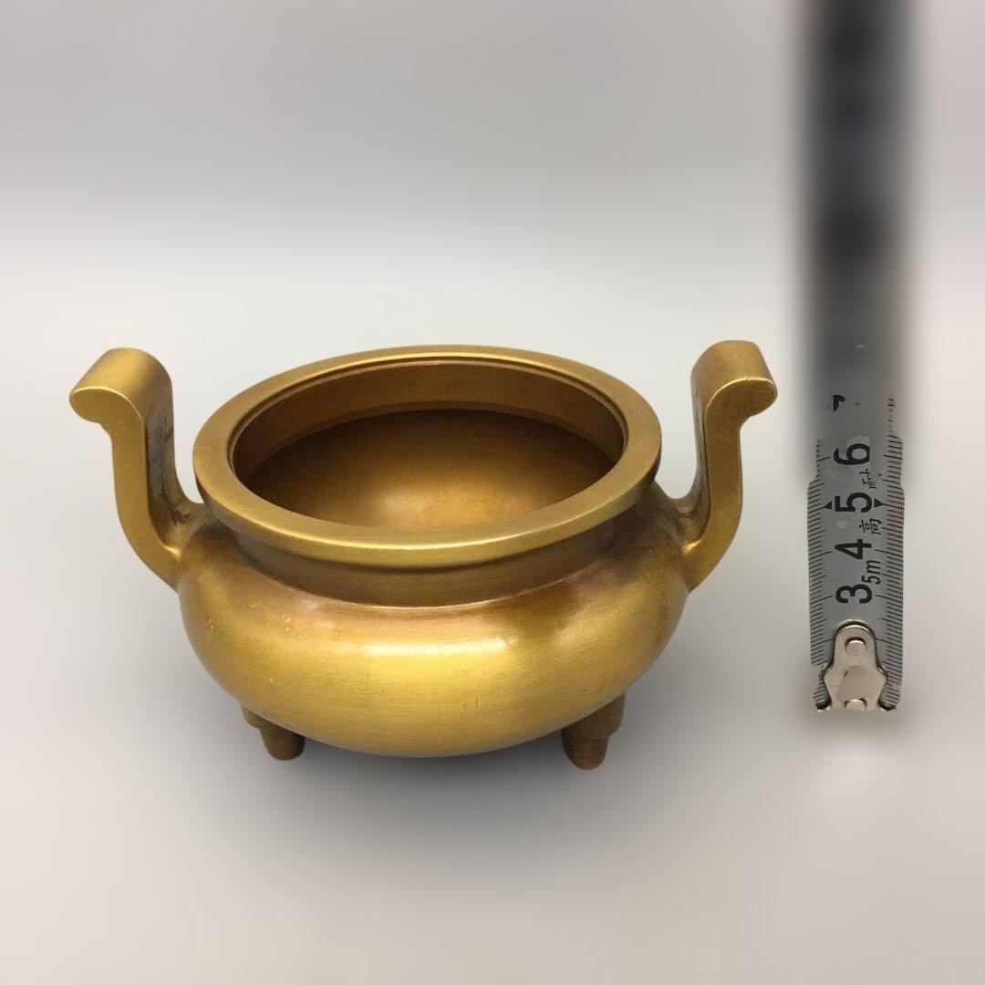 双耳 官帽 銅香炉 真鍮 三足 香道 供卓 復古 置物 工芸品 2持ち手 3脚