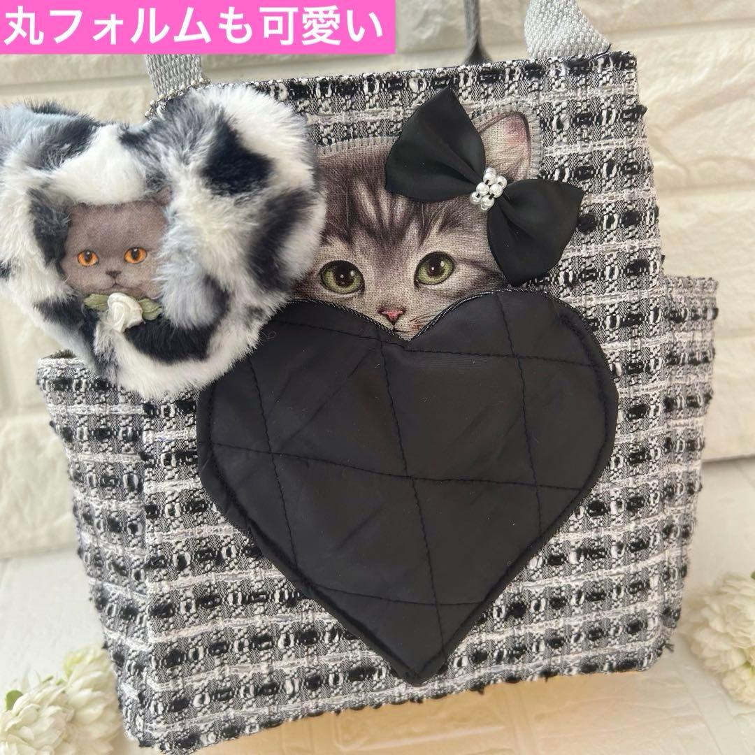 ゆ*ら様 ツイード＆フェイクレザー　黒猫ちゃん　コヤンイサムチョン　トートバッグ