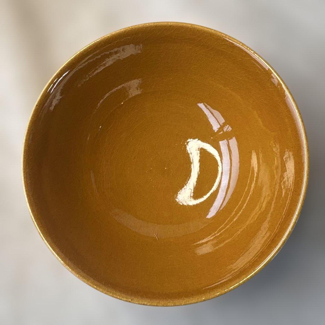 大樋長左衛門　鳥紋合盆　茶碗 陶器製 黄土色　木箱付き