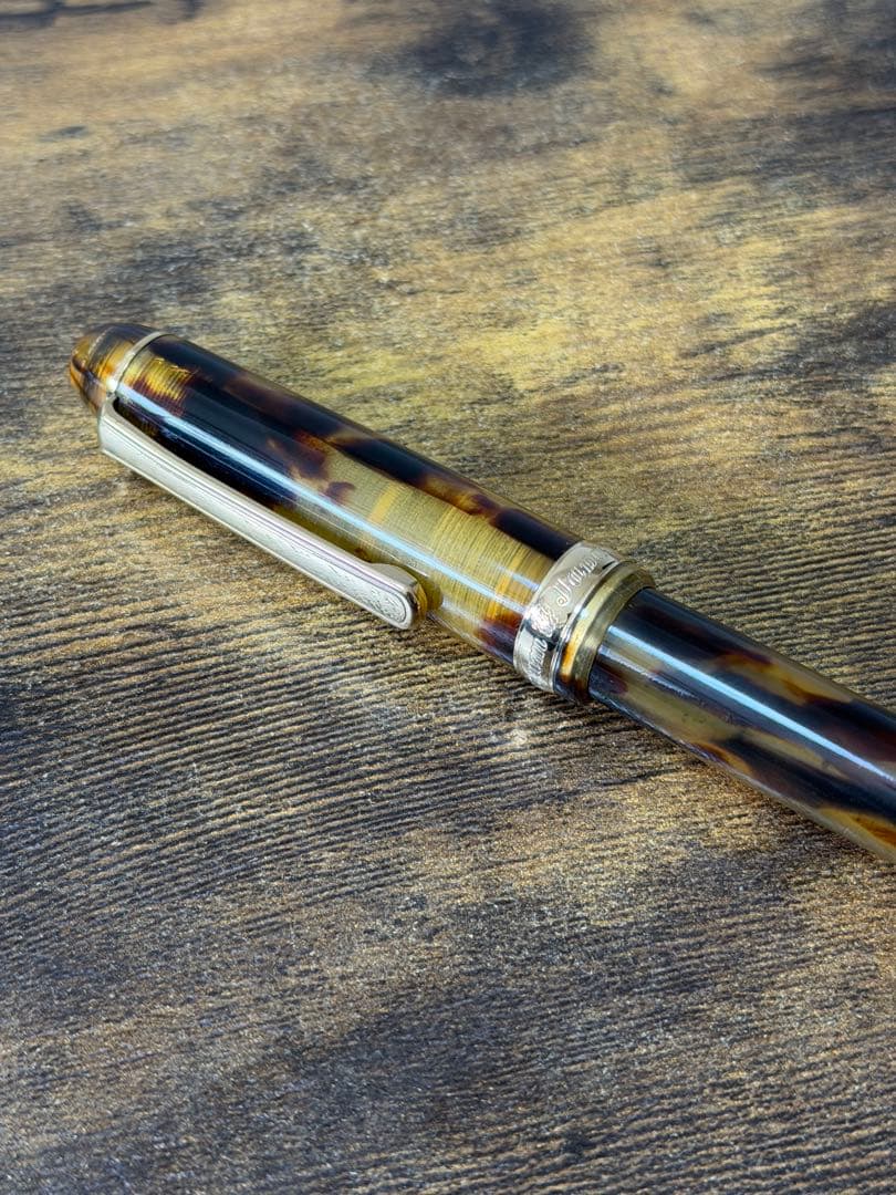 筆記確認&洗浄済　べっ甲柄　セルロイド　18K ゴールド　プラチナ　万年筆　M