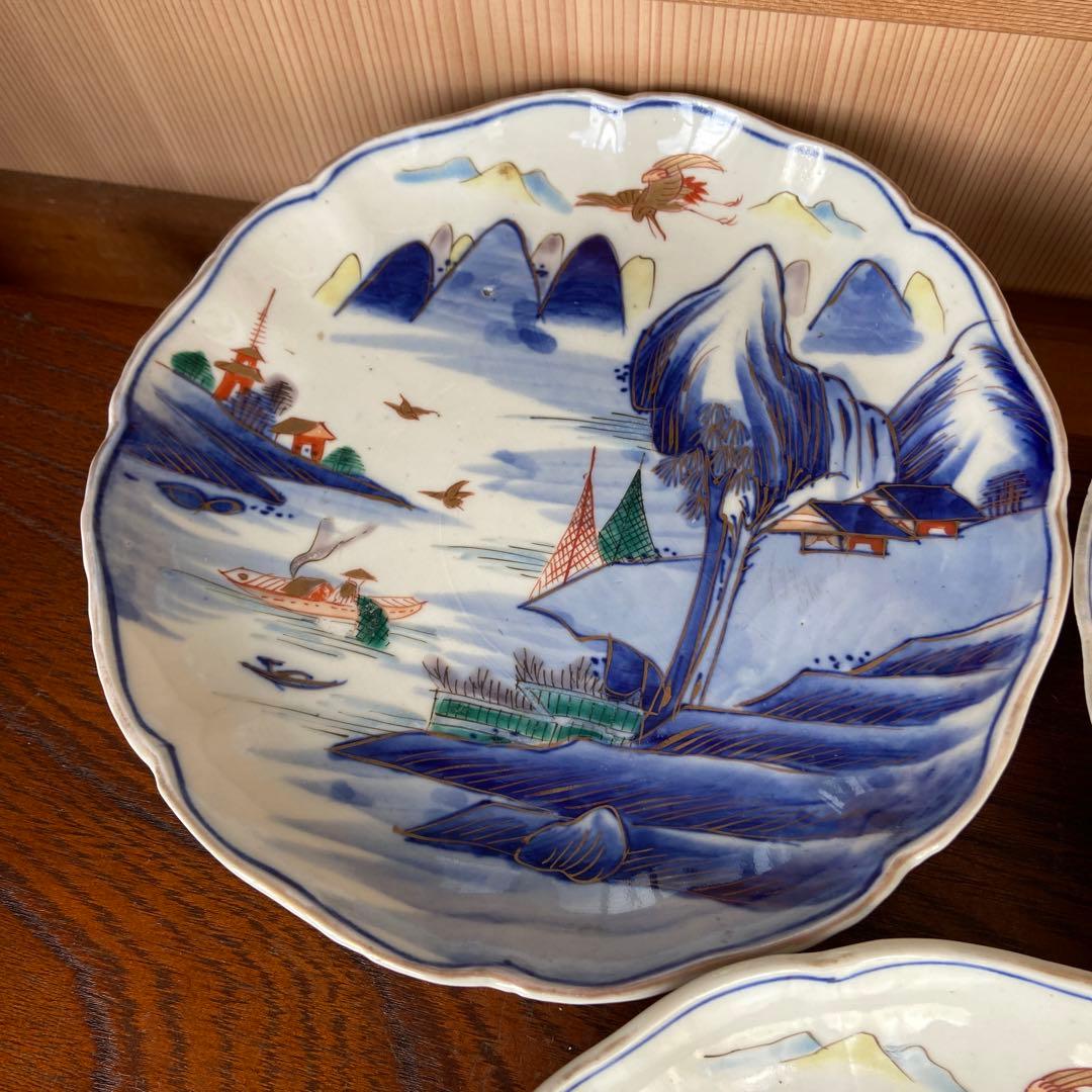 色絵古伊万里風景鳥の図中皿三客
