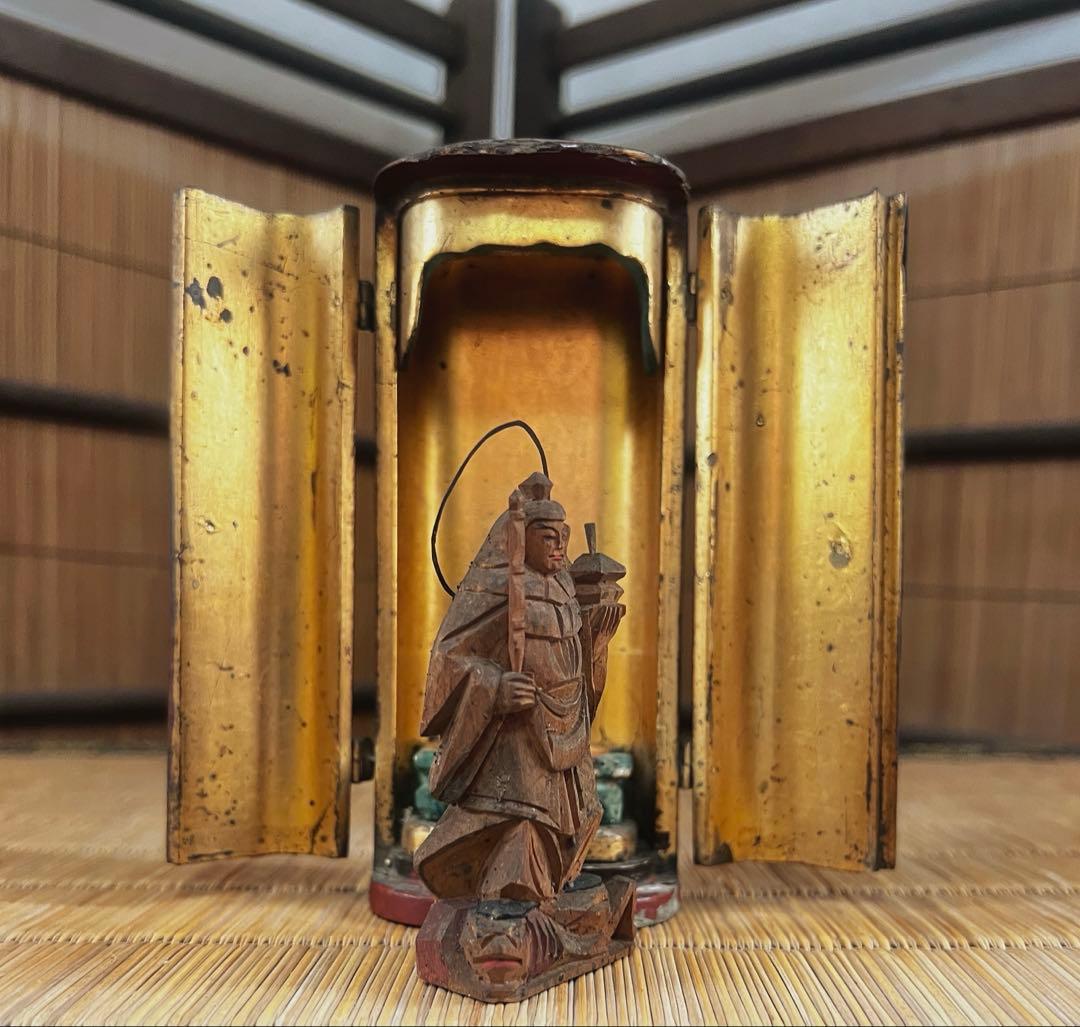 仏教美術 時代 古木 朱塗り 厨子 毘沙門天像 仏像