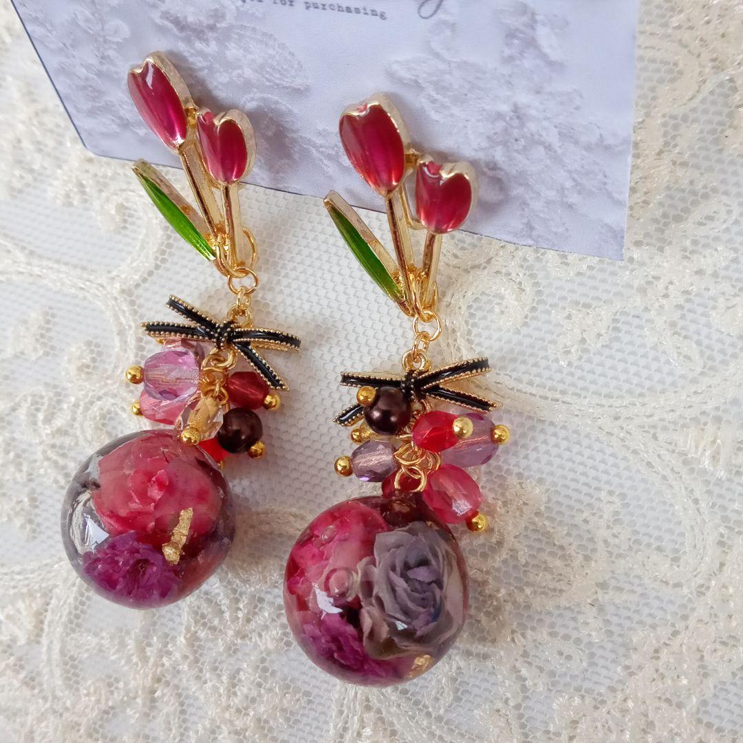 Hand madeイヤリング♪薔薇とチューリップイヤリング