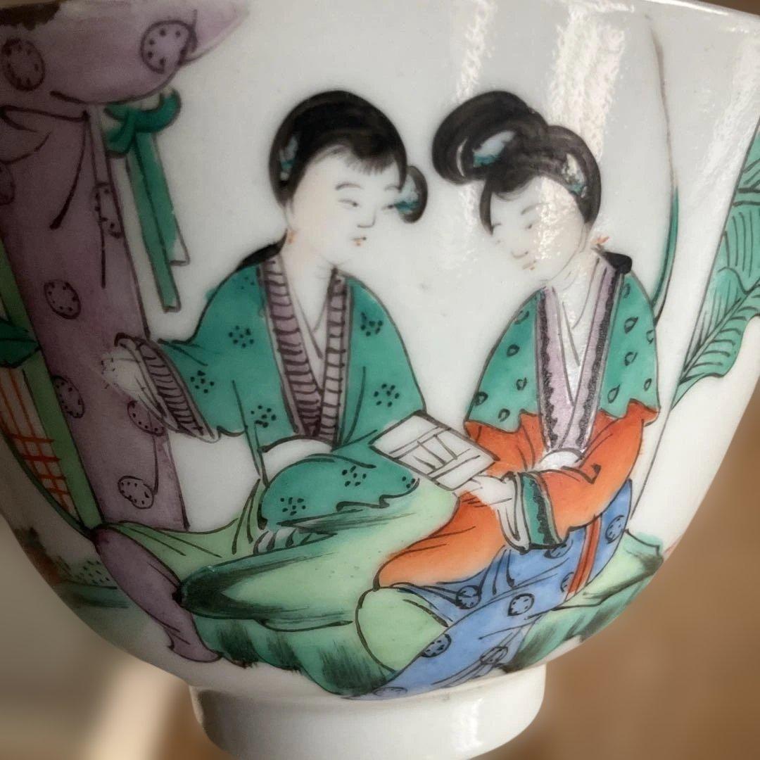 中国民国時代の茶碗 女性絵柄、可人如玉