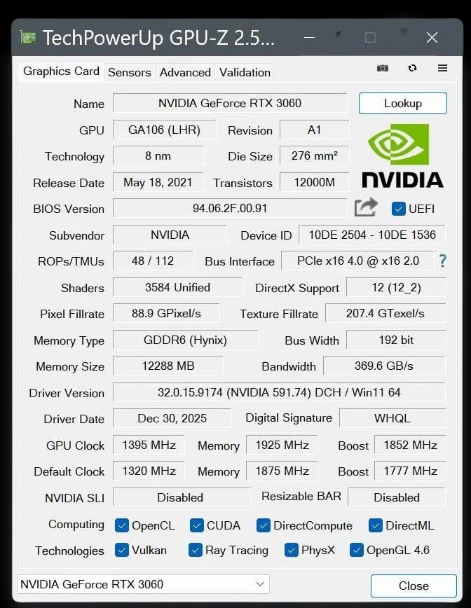 【箱無し】 RTX3060-GDDR6-12gb グラフィックボード