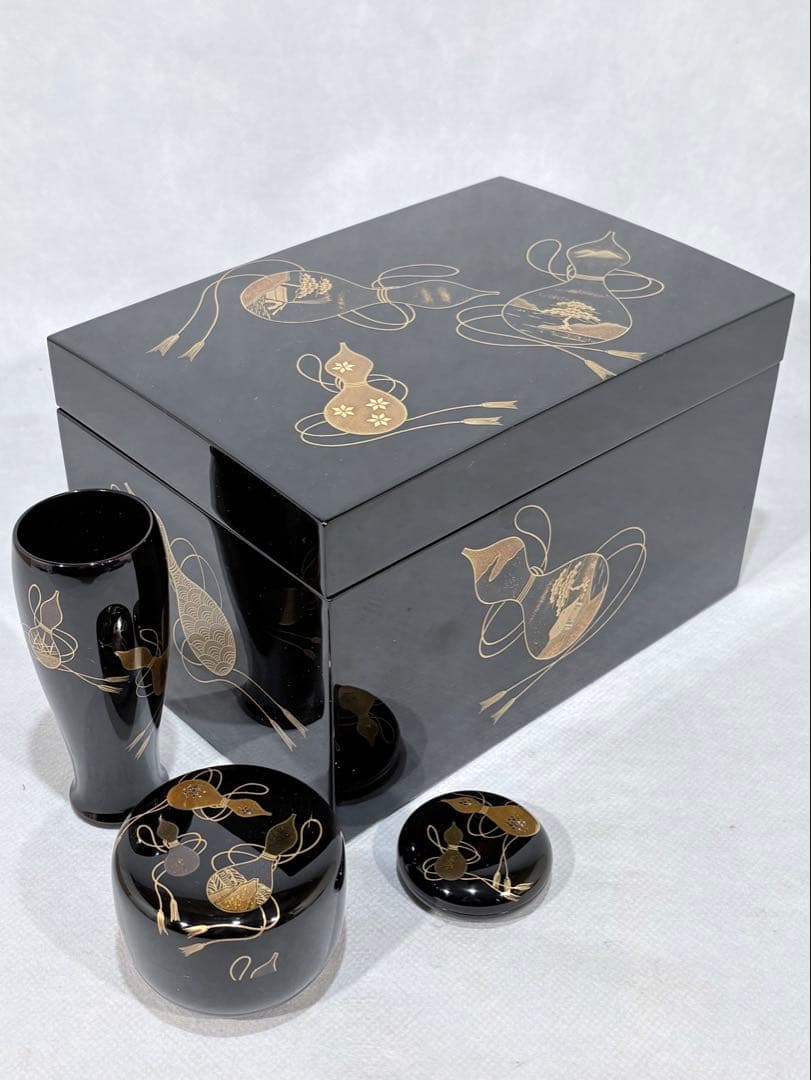 輪島塗　蒔絵師 池端治峰造　六瓢蒔絵利休箱　美品　共箱　茶道具　送料込