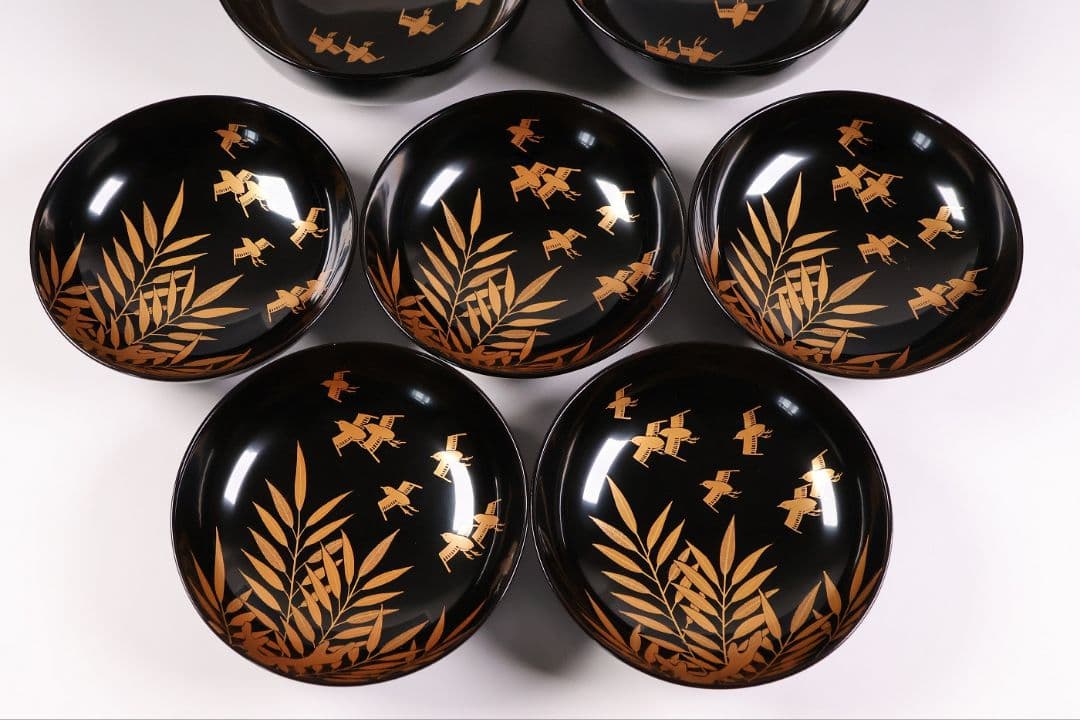 【CM451】天然木漆塗 芦千鳥金蒔絵 艶消黒 吸物椀 五客 昭和 漆芸 漆器