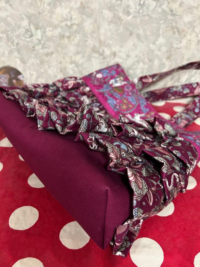 ハンドメイド　フリルバッグ　ジョリーフルール ポイズンベリーワインレッド