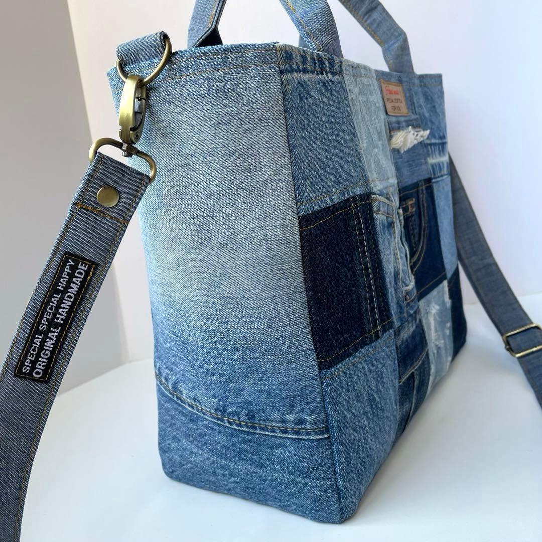 デニムリメイク　スクエア2wayトートバッグ パッチワーク　ハンドメイド