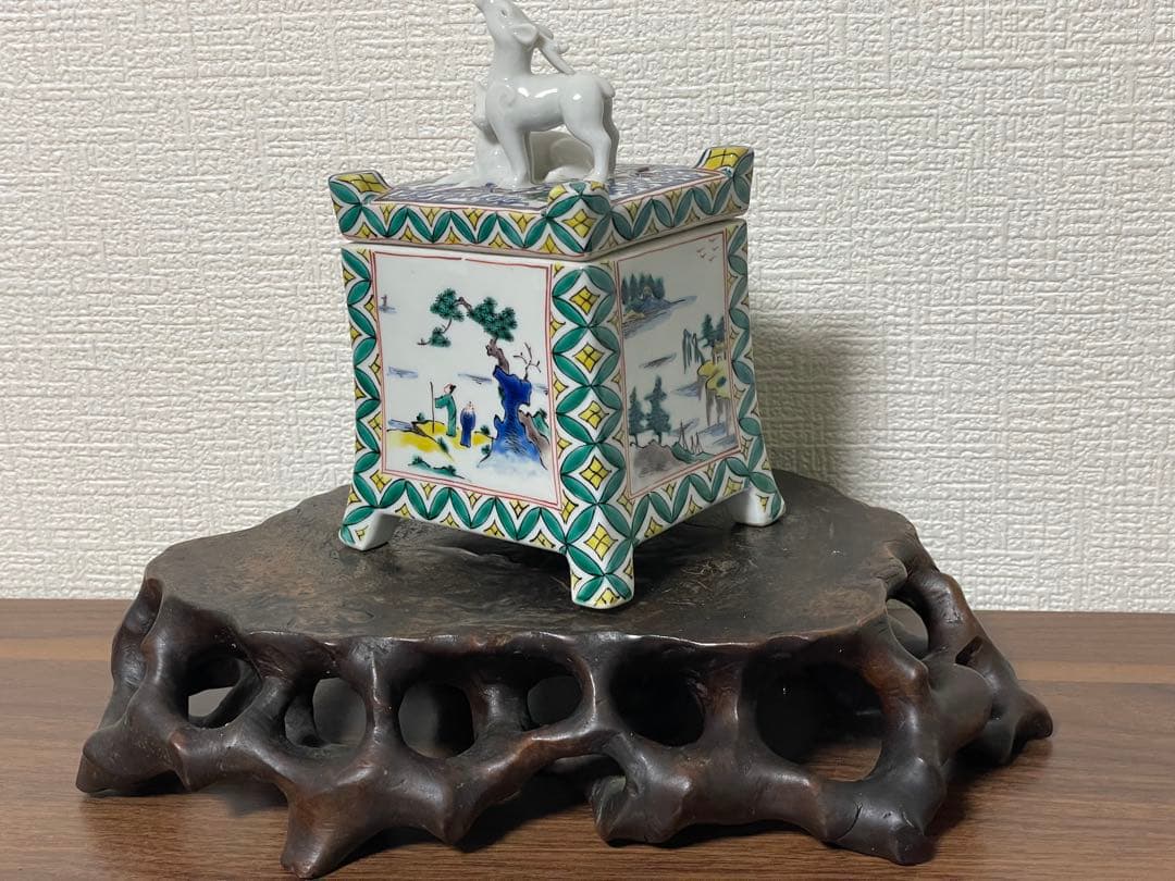 九谷焼 角香炉 鹿摘み 山水図 花鳥図 手描き 古美術 骨董 高さ約16cm