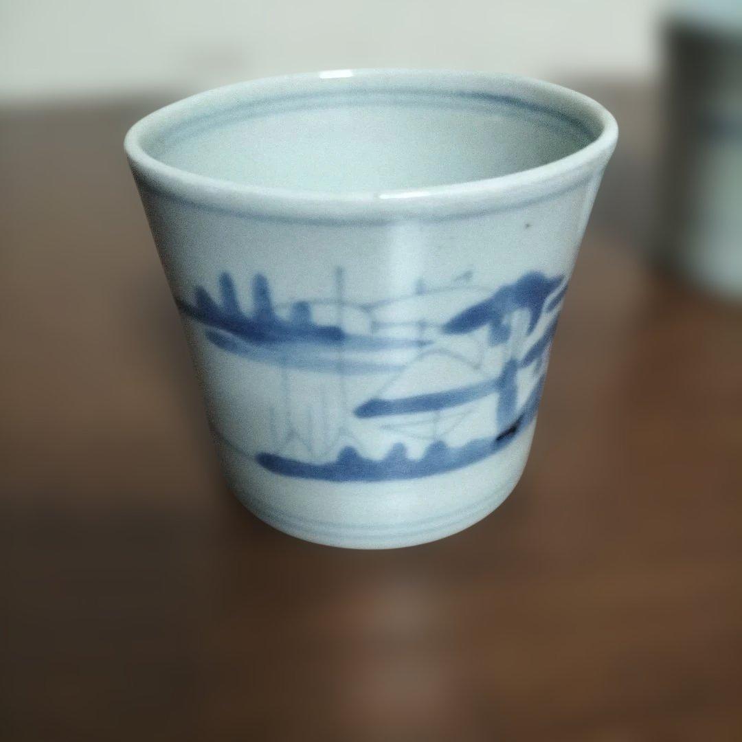 蕎麦猪口　古伊万里　染め付け　切込　風景図柄　3脚おまけ2個