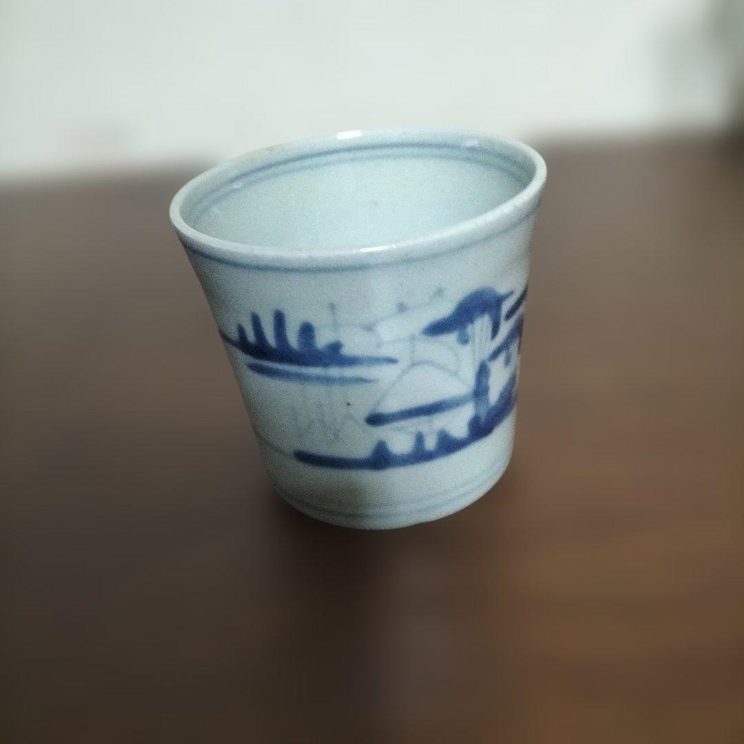 蕎麦猪口　古伊万里　染め付け　切込　風景図柄　3脚おまけ2個