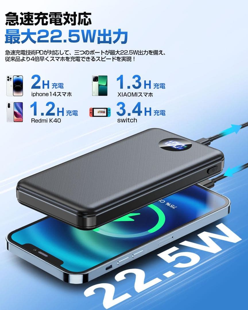 極薄モデル￤大容量￤モバイルバッテリー￤急速充電￤3台同時充電￤ブラック