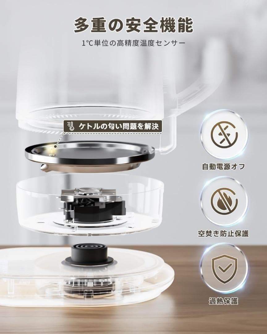 電気ケトル ガラス ケトル LEDライト付き 自動電源オフ耐熱強化ガラス