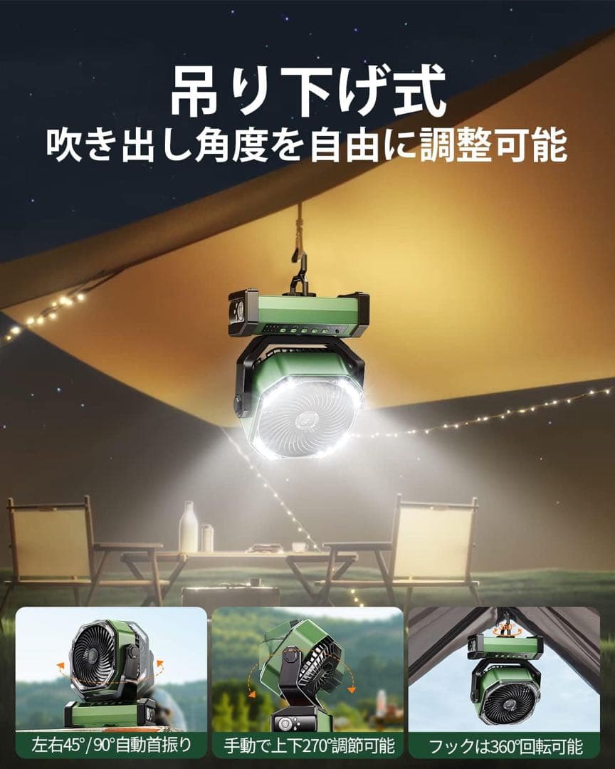 キャンプ 扇風機 20000mAh大容量 最大60時間連続使用 Type-C充電