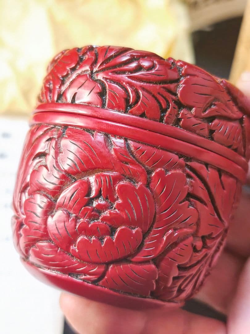 茶道具 村上堆朱 茶入 牡丹文 共箱 栞 板垣惠佐夫作歴 木製漆器未使用美品蔵出