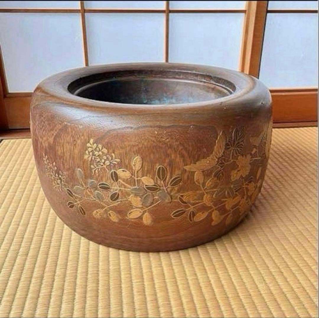 古い桐の火鉢 草花金蒔絵 時代家具 民具 骨董 インテリア アンティーク