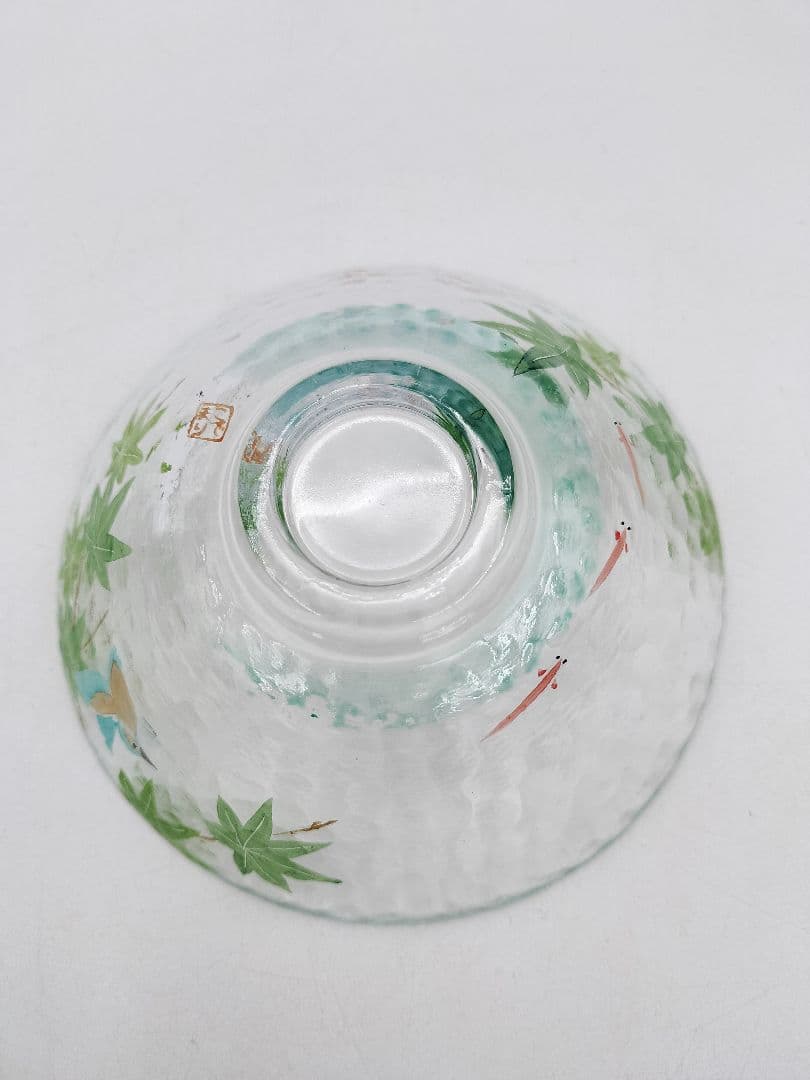 d122【新品・未使用】ガラス平茶碗 川蝉と仲間たち 小手鞠窯 木箱 茶道具