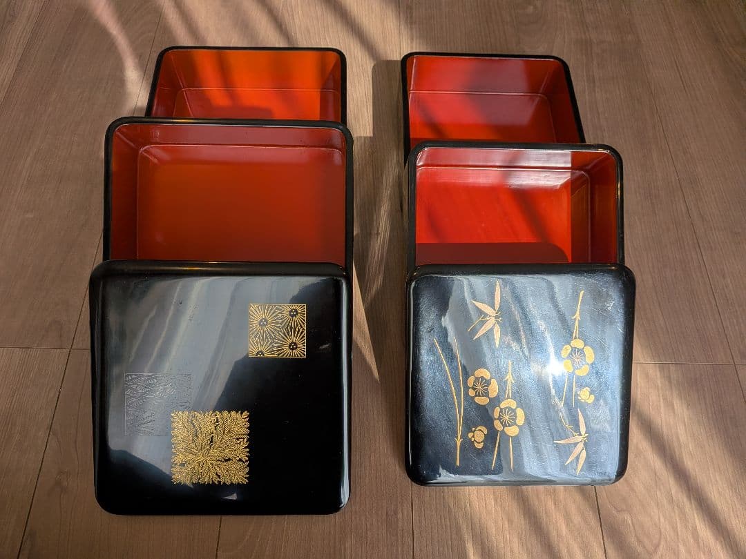 輪島塗 角丸二段重 蓋二枚 黒内朱 木製（2組）