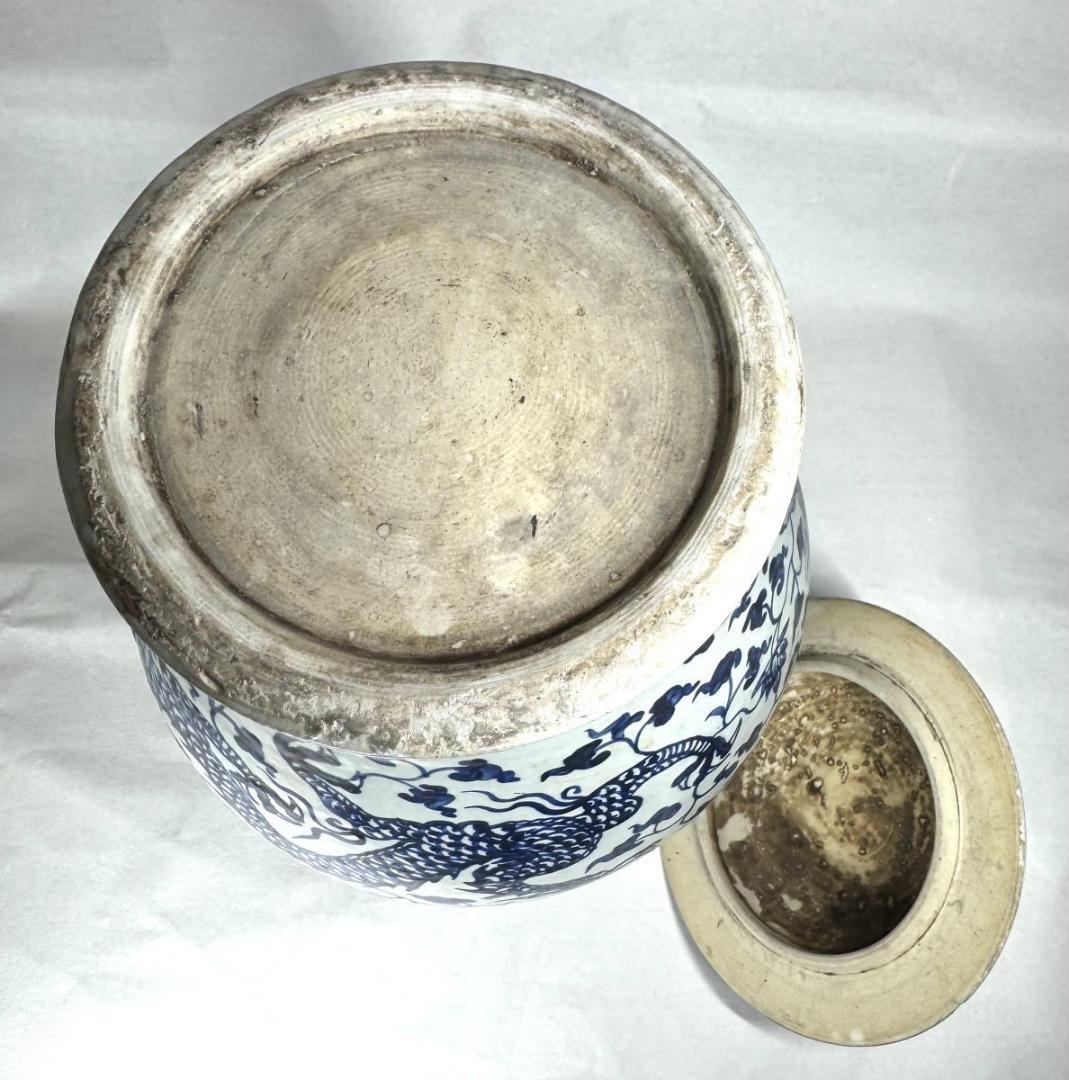 古染付 龍紋獅耳大壷 伝世品焼物 虫食い 青花 呉須 ウブ品 骨董WWTT137