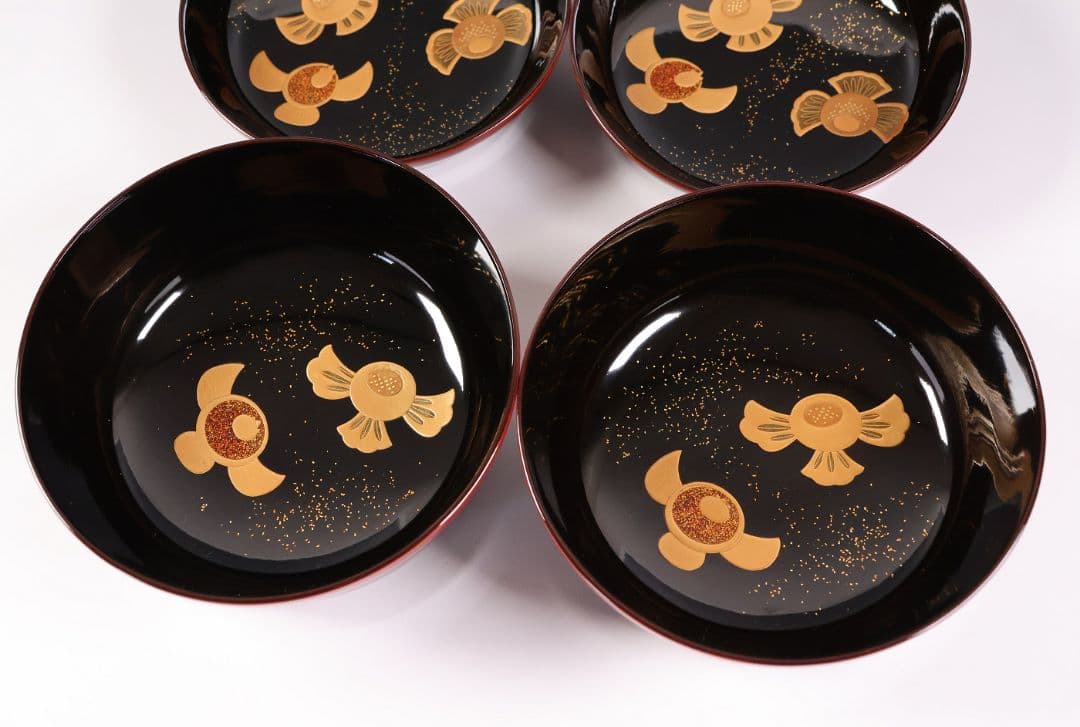 【MB274】天然木漆塗 ふくら雀金蒔絵 溜塗内黒 煮物椀二客 福良雀 大正昭和