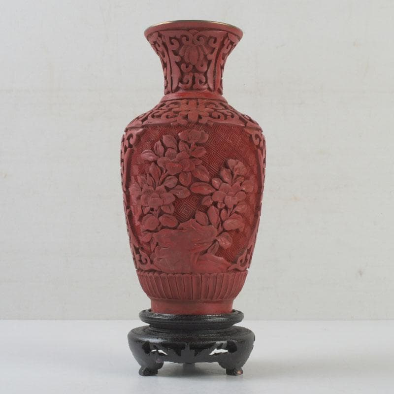 中国　剔紅　堆朱　内七宝　花文　花瓶　唐木台付　V　9255