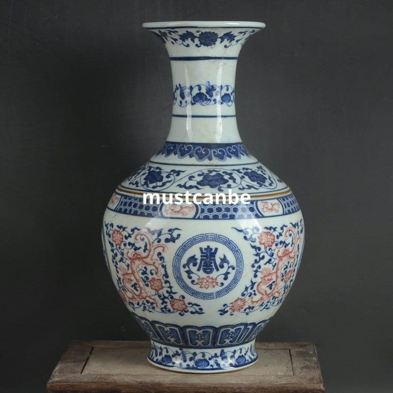 青花釉下紅寿字龍紋賞瓶 花瓶 景徳鎮 陶磁器 現代工芸品 美術品 置物