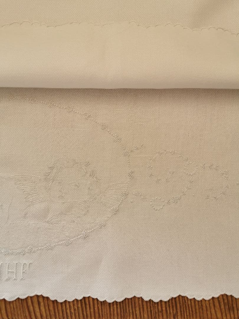 アンティークスイス 精緻なアペンツェル刺繍レース ラファエロの天使 リネンクロス