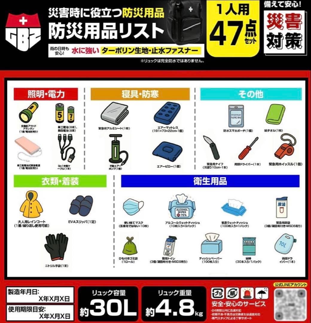 非常用持ち出しセット 30L 防災リュック 47点セット 1人用 地震 台風