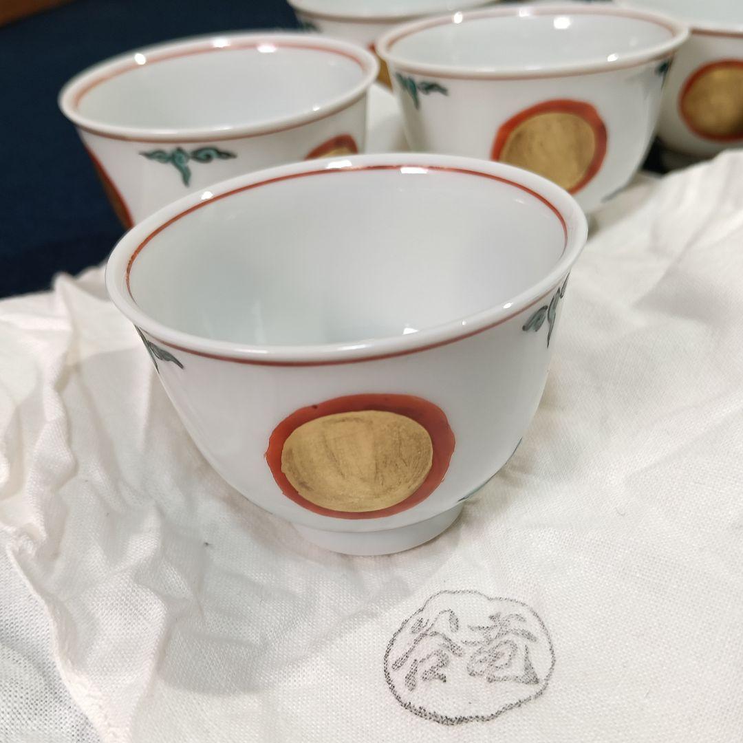 AP41 宮川香雲 煎茶碗 六客 金彩 赤玉 竜谷焼 共箱共布 未使用 煎茶道具