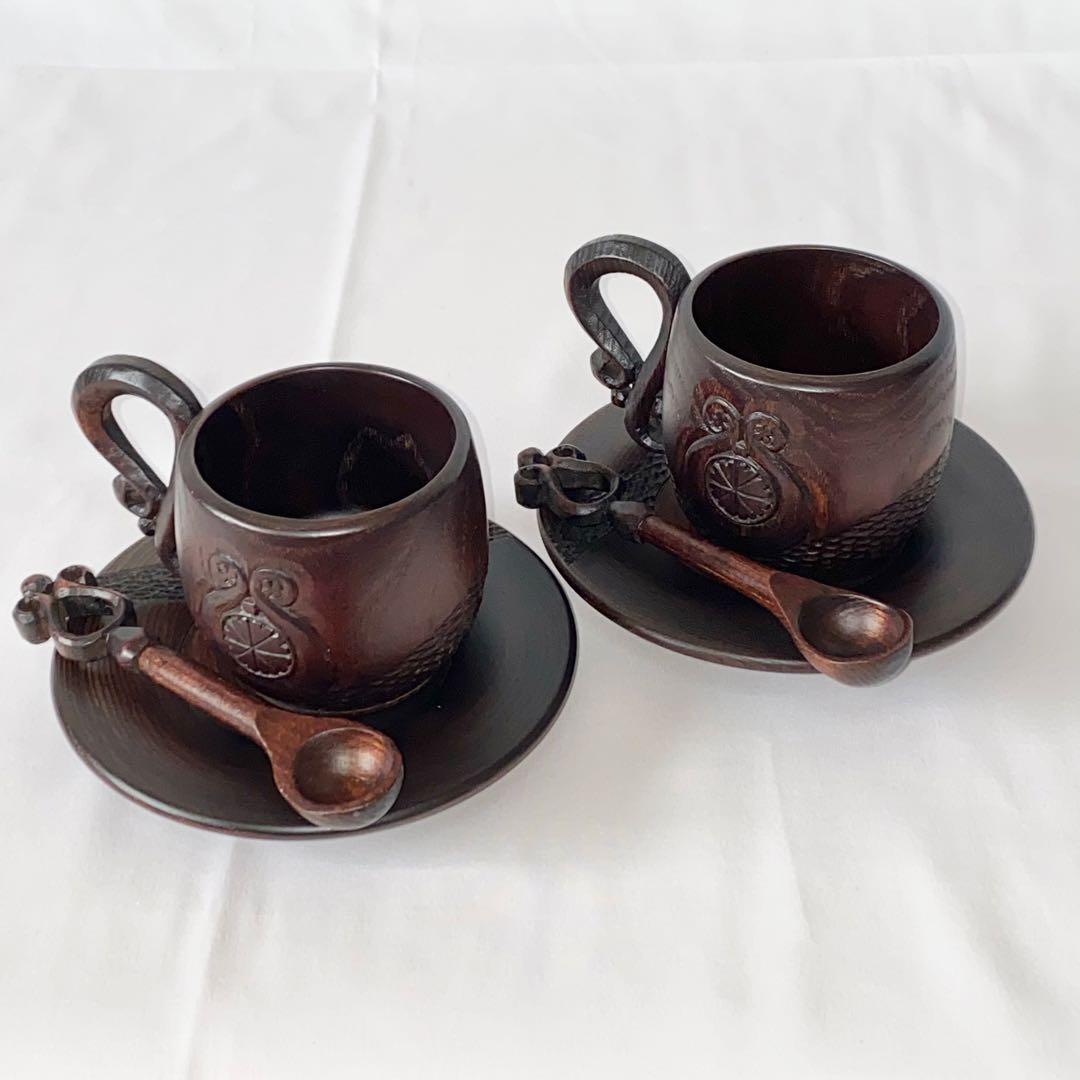 木彫り カップ&ソーサー 「森のコーヒーカップ」 アンティーク 工芸品