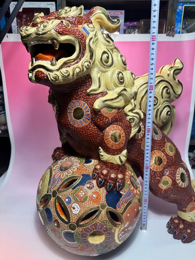 九谷焼 陶器 獅子 玉乗り シーサー 置物 縁起物 厄除け 高さ約56cm