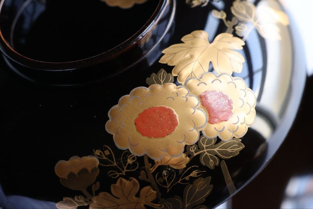 【CM434】天然木漆塗 菊金蒔絵 笹 黒塗椀五客 大正昭和 / (検)輪島加賀