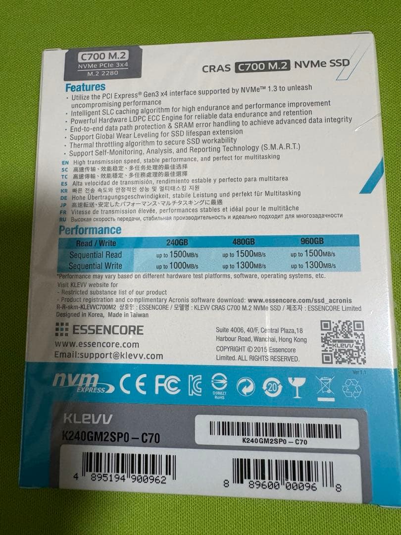 内蔵型SSD m.2 NVMe SSD 240GB KLEVV CRAS C700