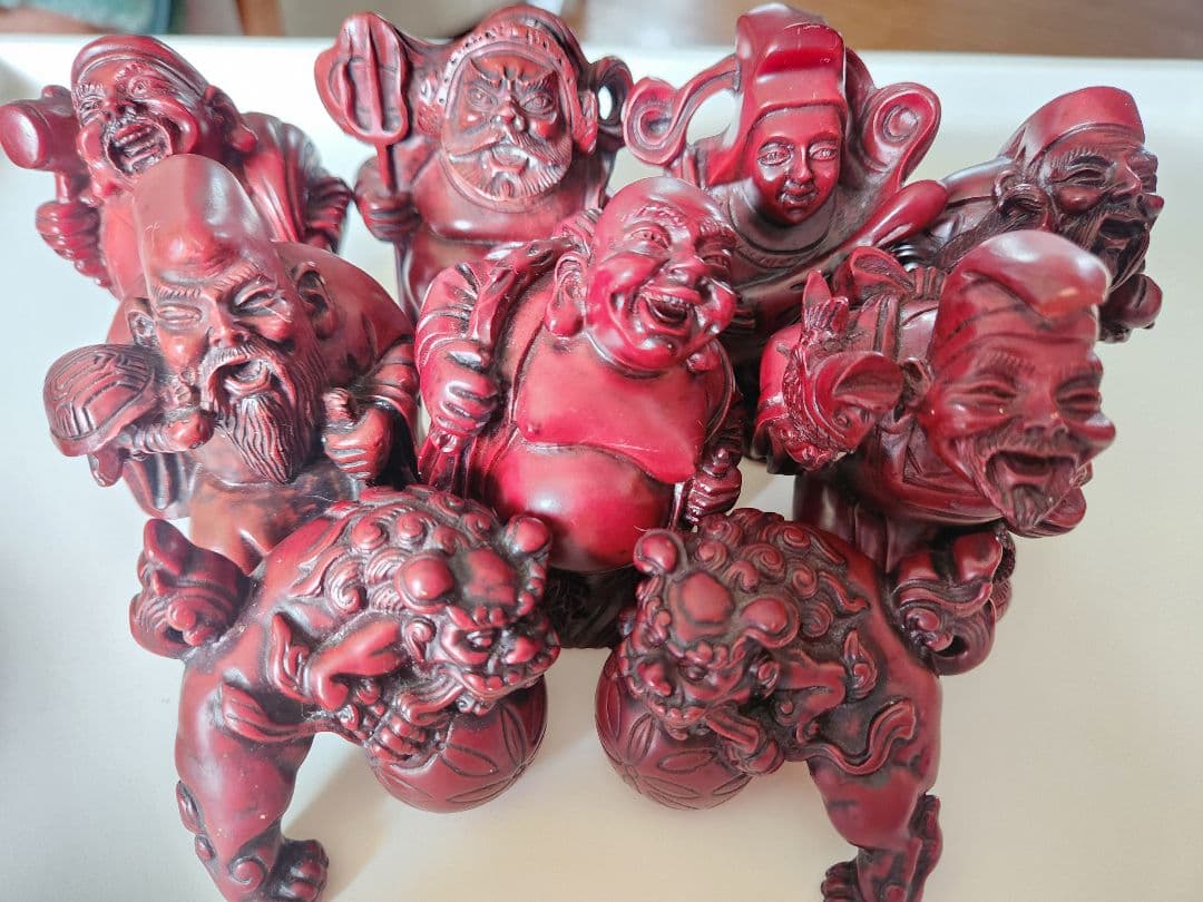 七福神 赤 木製風 獅子 ９体セット