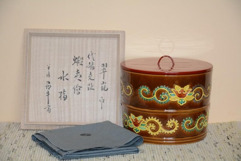 茶道具　尋牛斎宗匠箱書　中村翠嵐造　代赭交趾蝦夷絵水指　美品　古物　送料込み