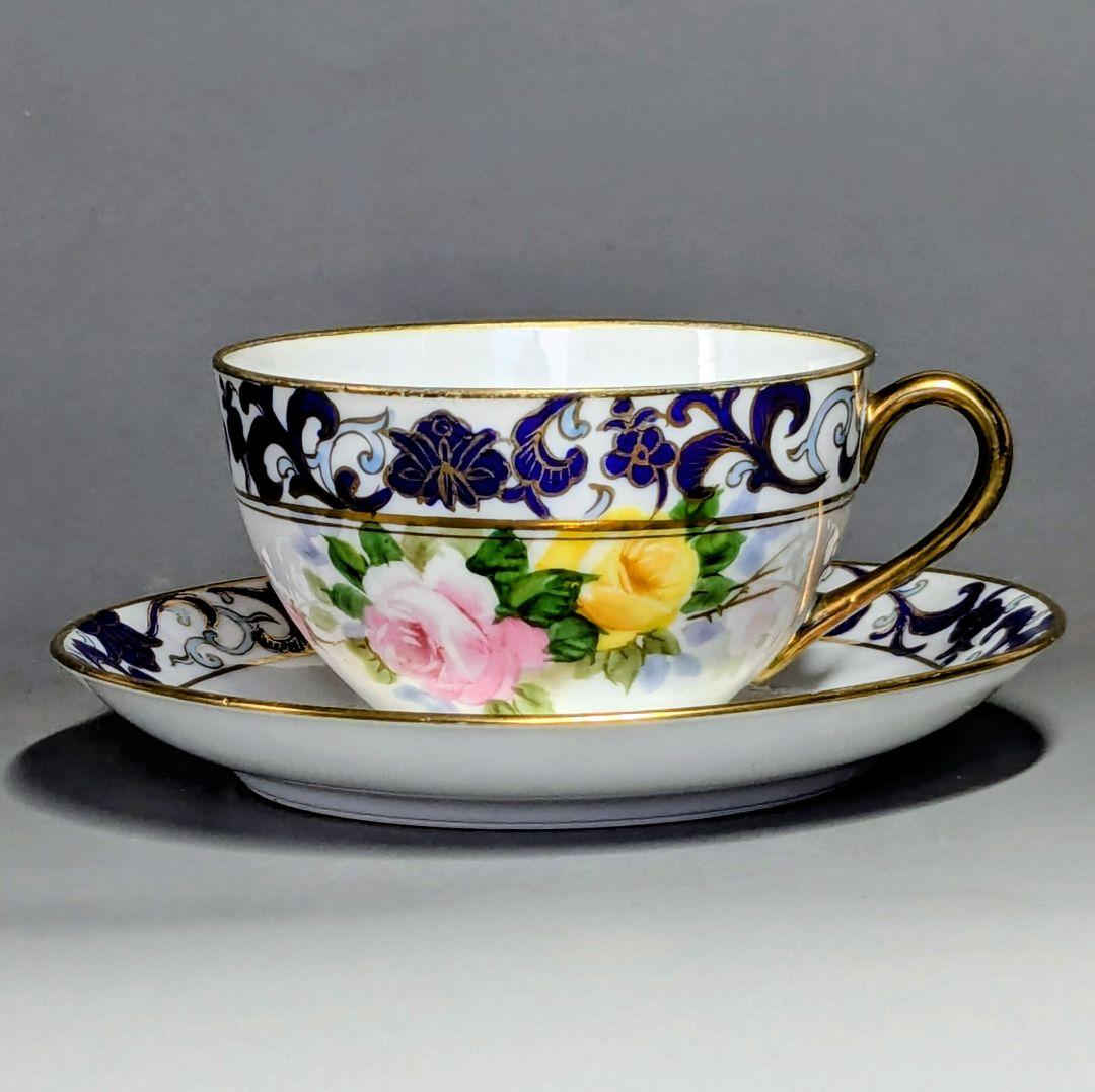 オールドノリタケ銘品!! 金彩藍帯薔薇図紋　キャビネットカップ＆ソーサー