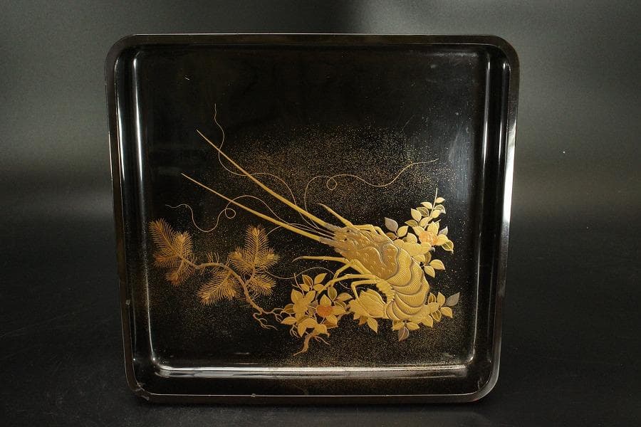 海老蒔絵 四方盆 一対 時代物 古美術(ZE815)