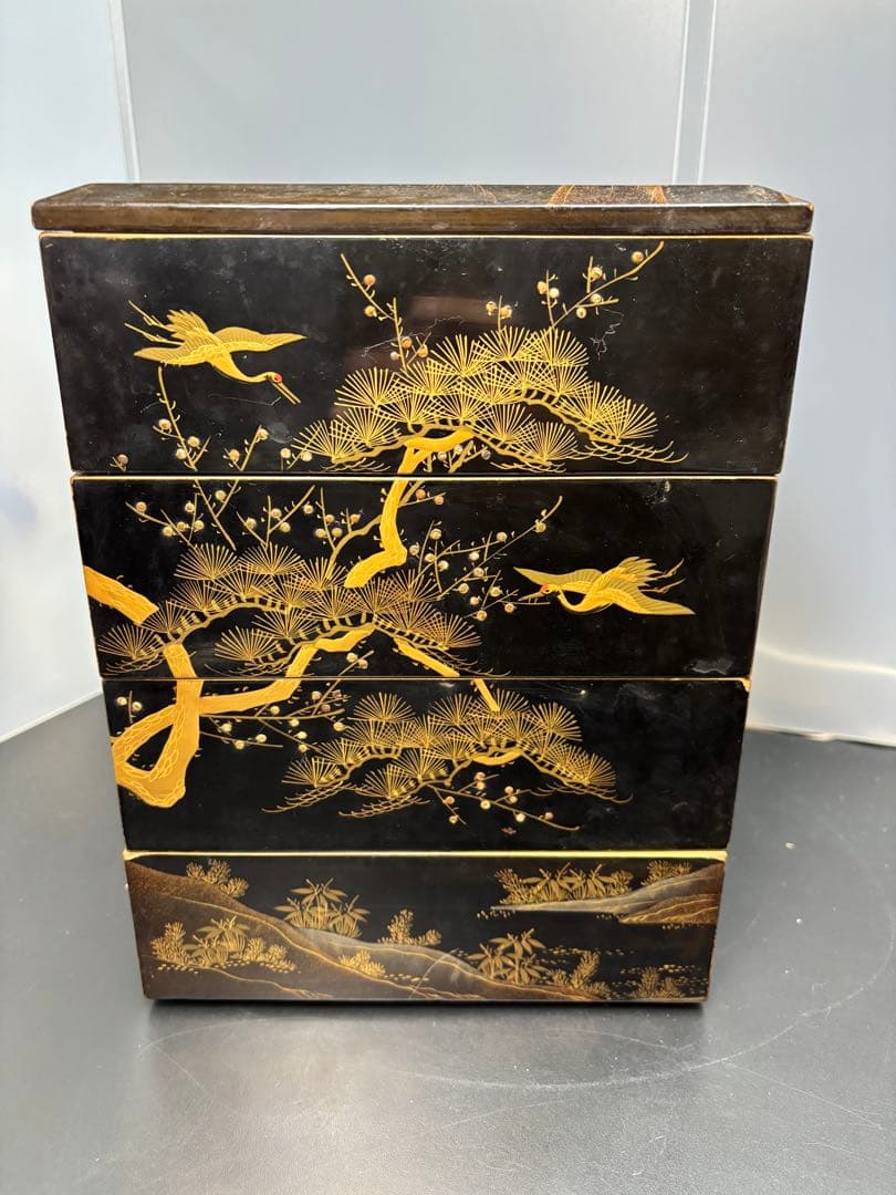 【希少品】高蒔絵 江戸期 松竹梅鶴紋 漆器 吉祥文様 時代物 骨董品 金蒔絵重箱