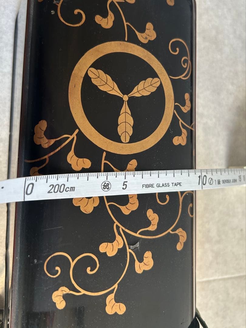 時代物　金蒔絵 唐草 家紋入 文箱（長手箱） 黒漆 漆器 骨董 42センチ