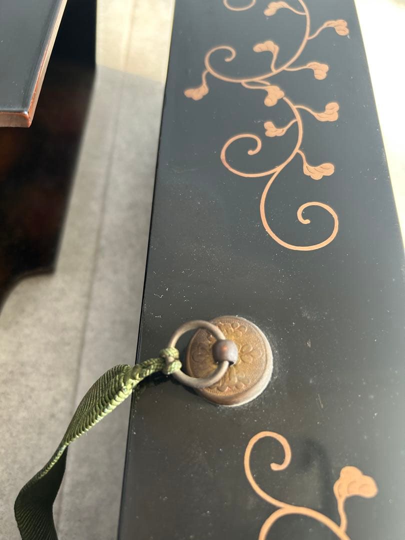 時代物　金蒔絵 唐草 家紋入 文箱（長手箱） 黒漆 漆器 骨董 42センチ