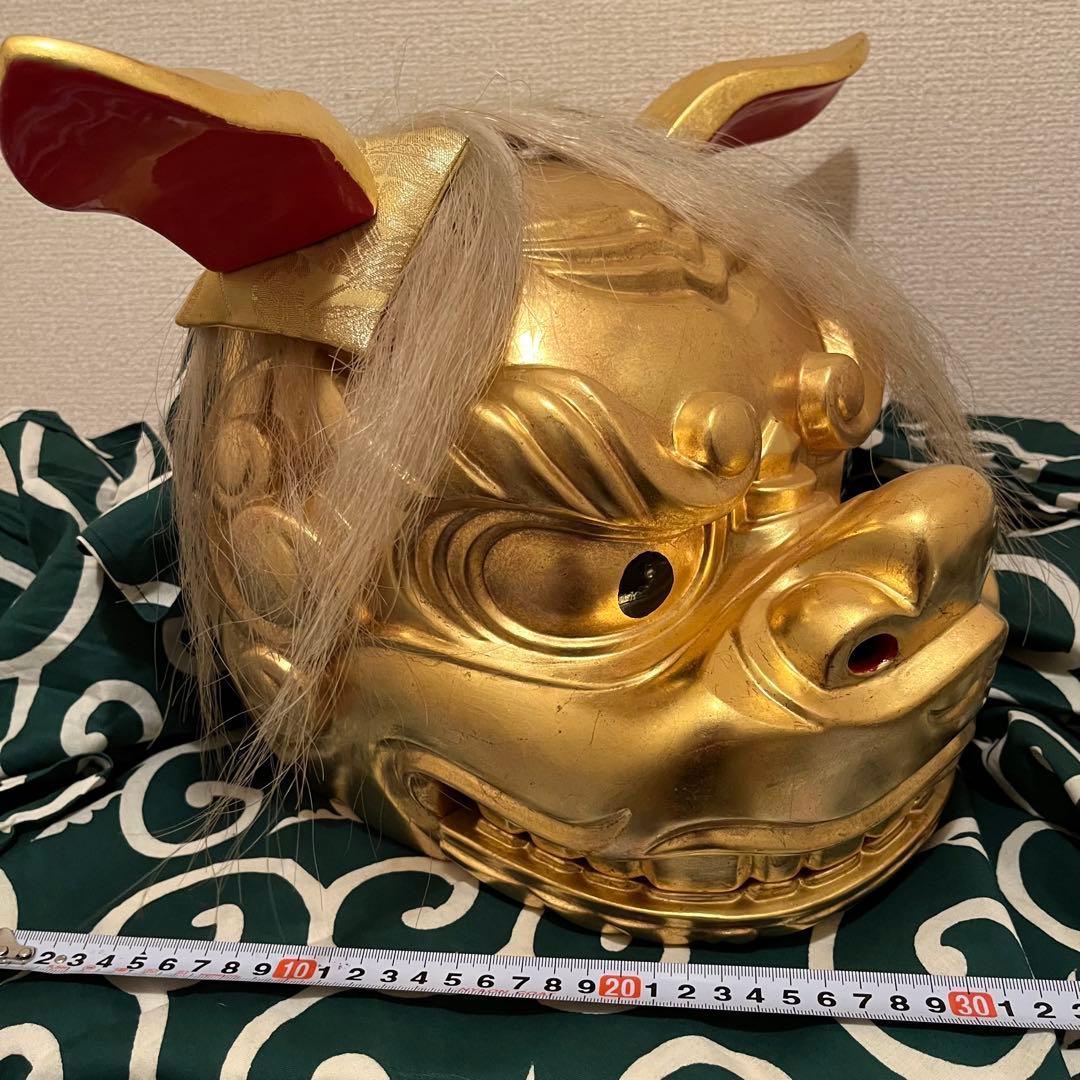 【希少】　.獅子舞　獅子頭　金箔　木彫　魔除け　金彩　古美術　木製 木彫 お祭り