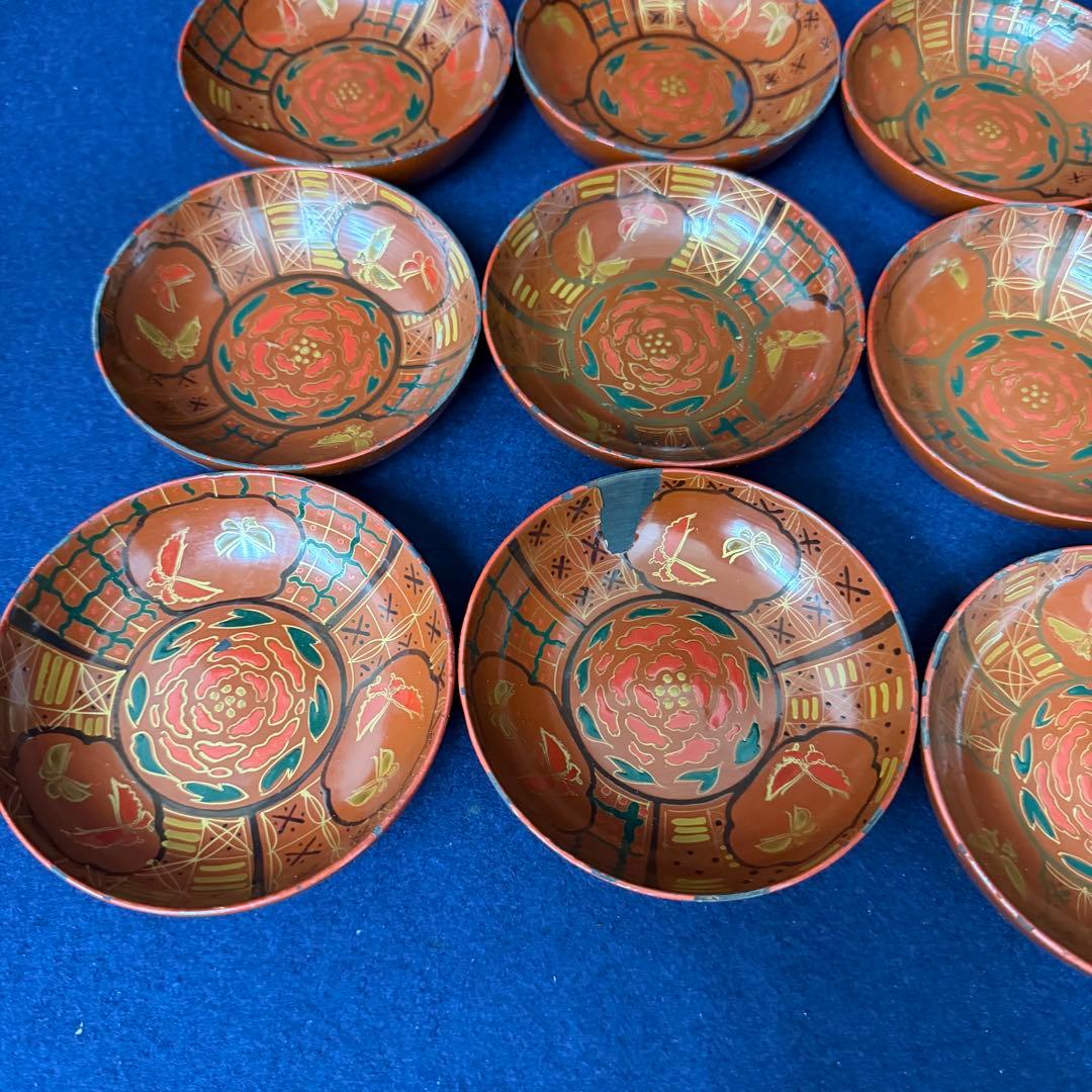 吉野塗 朱漆塗 菊蒔絵 銘々皿 20客 天然木 菓子皿 古玩 旧家 蔵出 骨董品