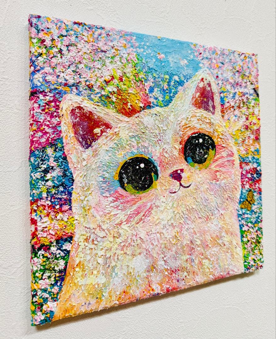 原画　猫画 アクリル絵画 【 ほろ酔いさくら猫 】