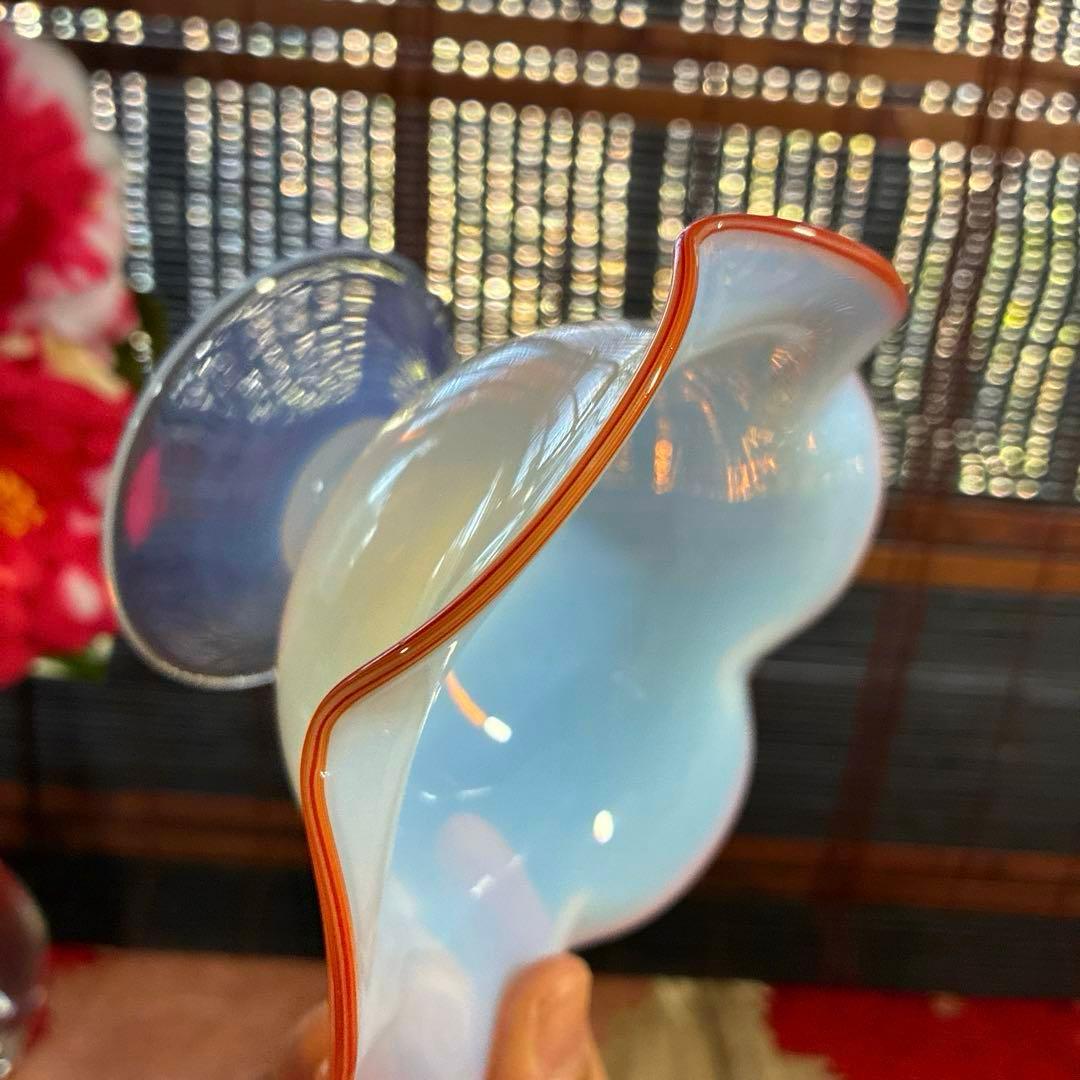 骨董　時代ガラス　希少　乳白色暈し　花型フリル　朱赤リップ　氷コップ　かき氷鉢