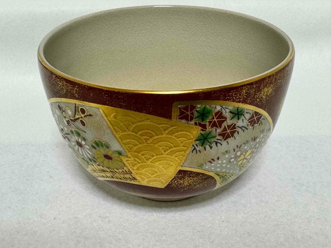 ★橋本紫雲作　茜地金砂子扇面　京焼 茶道具 茶碗★