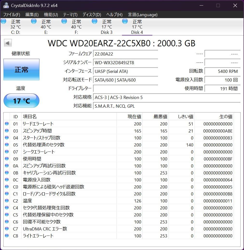 新近 WD20EARZ 2TB HDD 2024年製造 使用時間191時間