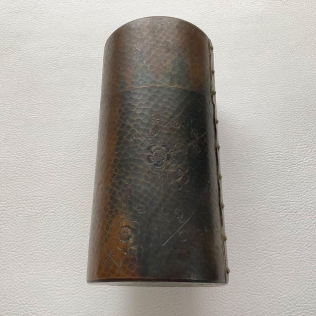 古い茶筒 玉川堂 鎚起銅器 槌目模様 鋲打 彫刻 花柄 和風 茶道具 レトロ